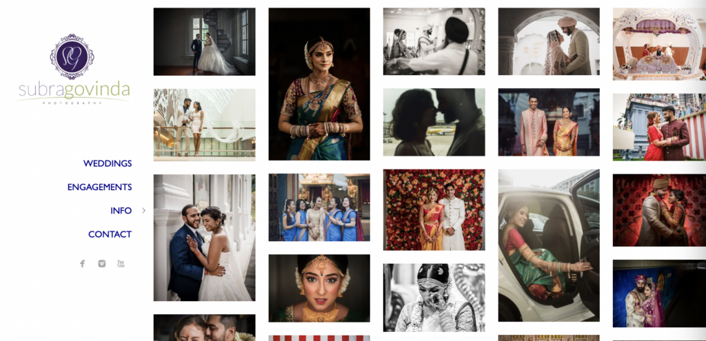 Subragovinda Photography gallery showcasing wedding and engagement photos, featuring traditional and modern couples in elegant settings.